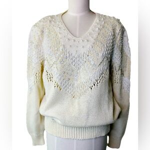 Vintage 80s Christine Angora Blend Cream Sequin Beaded‎ Sweater